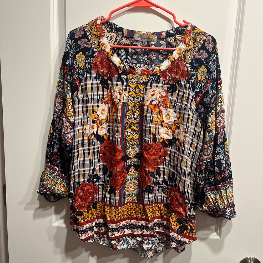 Figuerca & Flower Top Women’s Size XL Floral Tunic Boho Shirt Art Artsy.